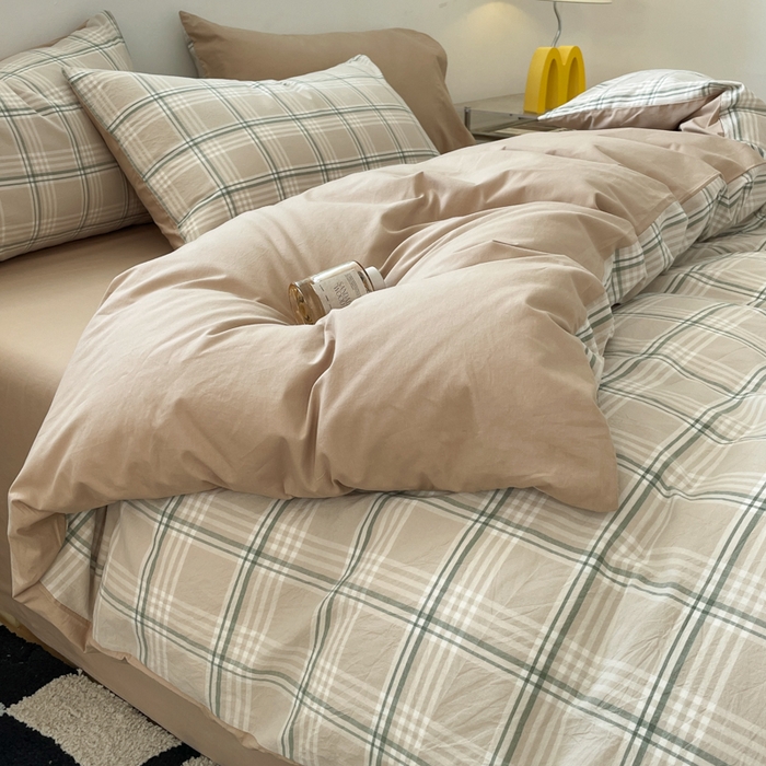 91家纺网 家纺一手货源 找家纺 ab家纺 2025新款40支色织a类全棉水洗棉四件套 富士格-咖