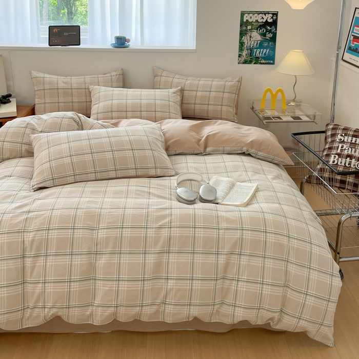 91家纺网 家纺一手货源 找家纺 ab家纺 2025新款40支色织a类全棉水洗棉四件套 富士格-咖