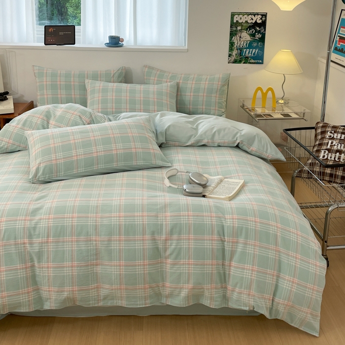 91家纺网 家纺一手货源 找家纺 ab家纺 2025新款40支色织a类全棉水洗棉四件套 富士格-绿