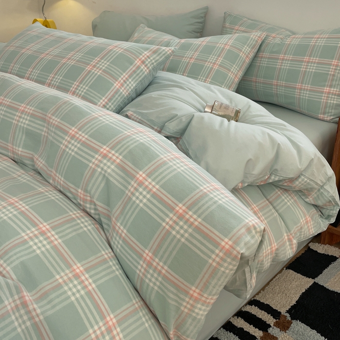 91家纺网 家纺一手货源 找家纺 ab家纺 2025新款40支色织a类全棉水洗棉四件套 富士格-绿