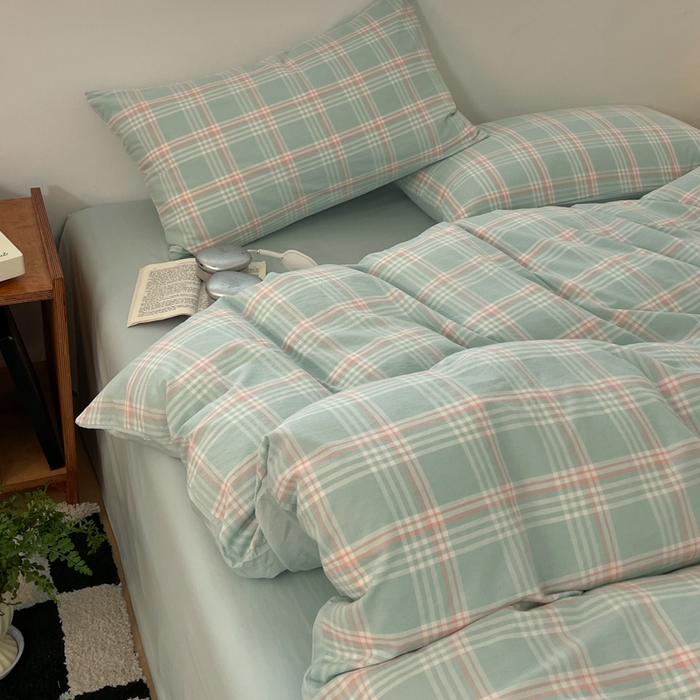 91家纺网 家纺一手货源 找家纺 ab家纺 2025新款40支色织a类全棉水洗棉四件套 富士格-绿