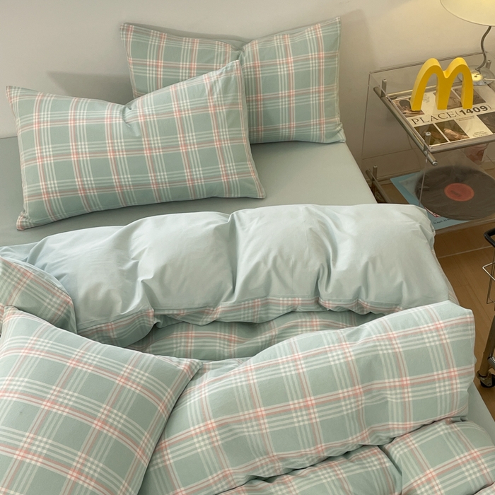 91家纺网 家纺一手货源 找家纺 ab家纺 2025新款40支色织a类全棉水洗棉四件套 富士格-绿