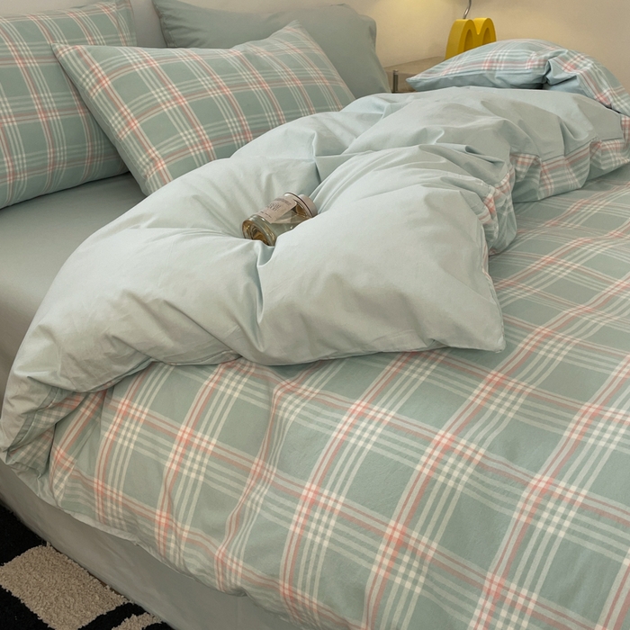 91家纺网 家纺一手货源 找家纺 ab家纺 2025新款40支色织a类全棉水洗棉四件套 富士格-绿