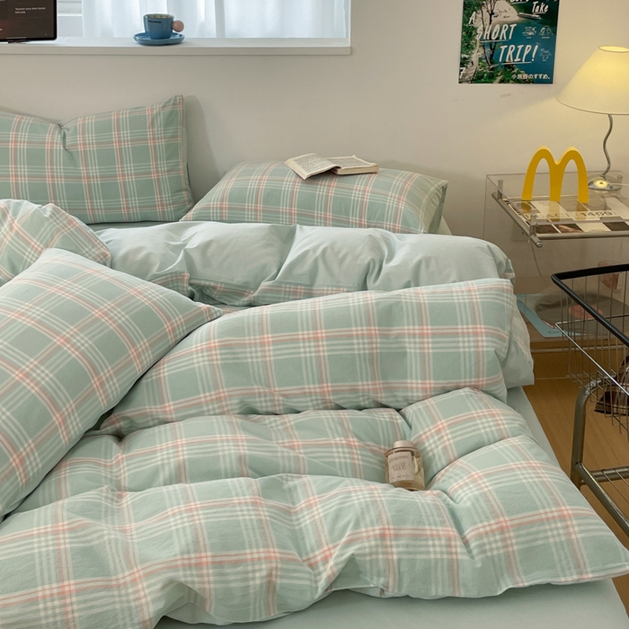 91家纺网 家纺一手货源 找家纺 ab家纺 2025新款40支色织a类全棉水洗棉四件套 富士格-绿