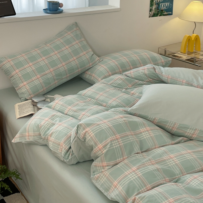 91家纺网 家纺一手货源 找家纺 ab家纺 2025新款40支色织a类全棉水洗棉四件套 富士格-绿