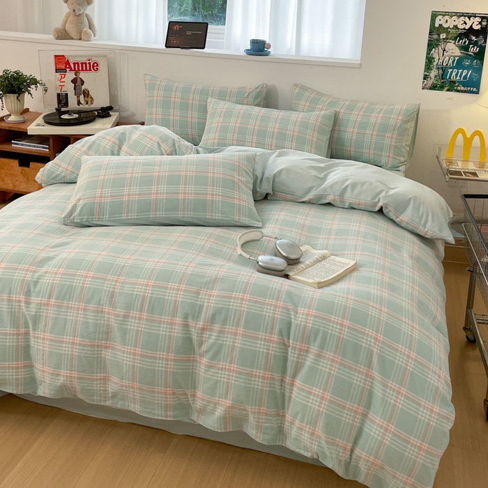 91家纺网 家纺一手货源 找家纺 ab家纺 2025新款40支色织a类全棉水洗棉四件套 富士格-绿