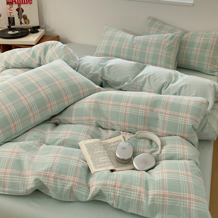 91家纺网 家纺一手货源 找家纺 ab家纺 2025新款40支色织a类全棉水洗棉四件套 富士格-绿