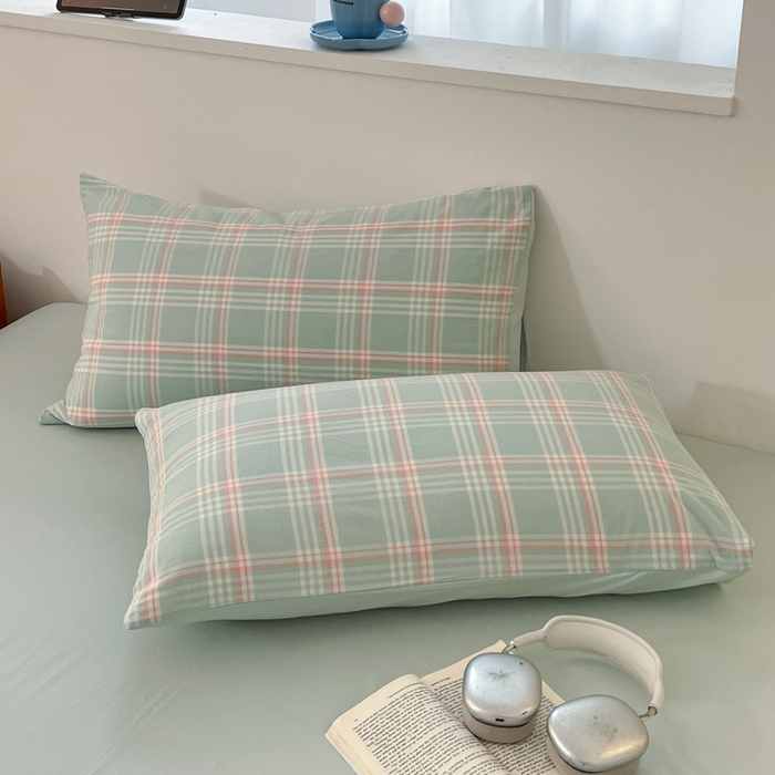 91家纺网 家纺一手货源 找家纺 ab家纺 2025新款40支色织a类全棉水洗棉四件套 富士格-绿