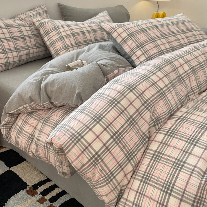 91家纺网 家纺一手货源 找家纺 ab家纺 2025新款40支色织a类全棉水洗棉四件套 觅果-粉