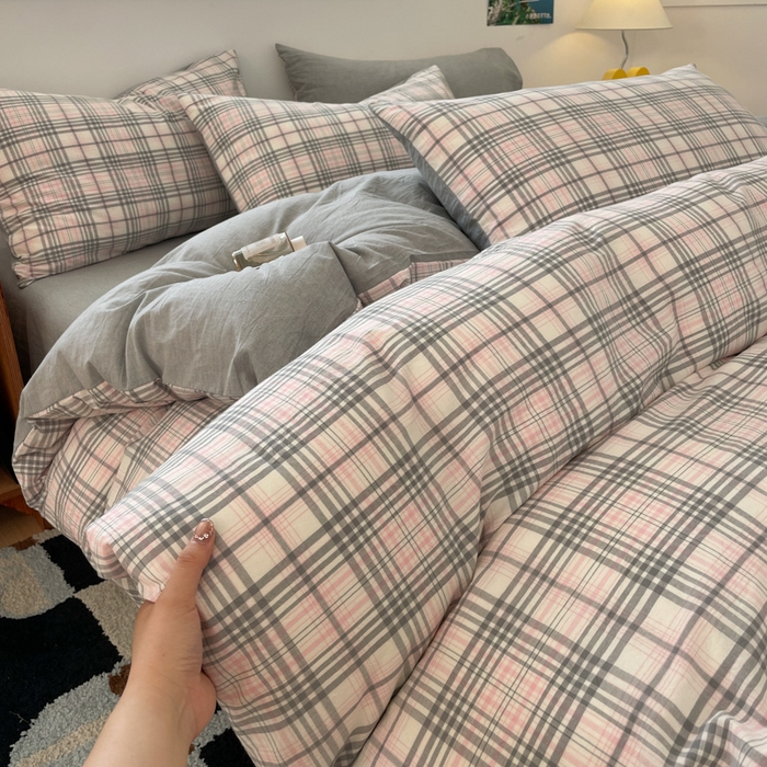 91家纺网 家纺一手货源 找家纺 ab家纺 2025新款40支色织a类全棉水洗棉四件套 觅果-粉