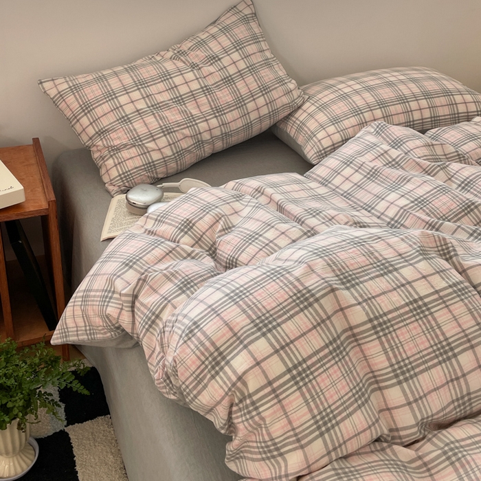 91家纺网 家纺一手货源 找家纺 ab家纺 2025新款40支色织a类全棉水洗棉四件套 觅果-粉