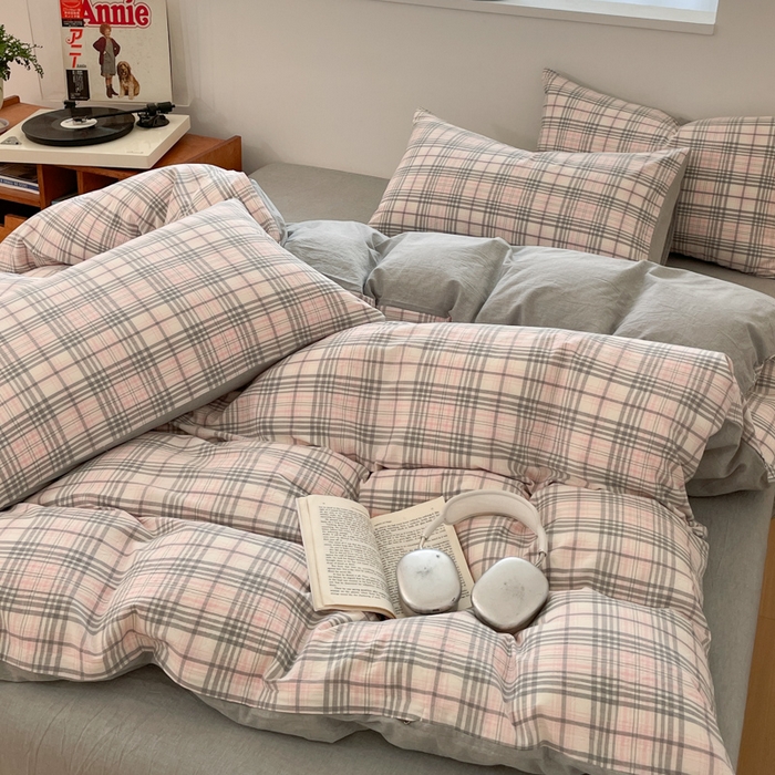 91家纺网 家纺一手货源 找家纺 ab家纺 2025新款40支色织a类全棉水洗棉四件套 觅果-粉