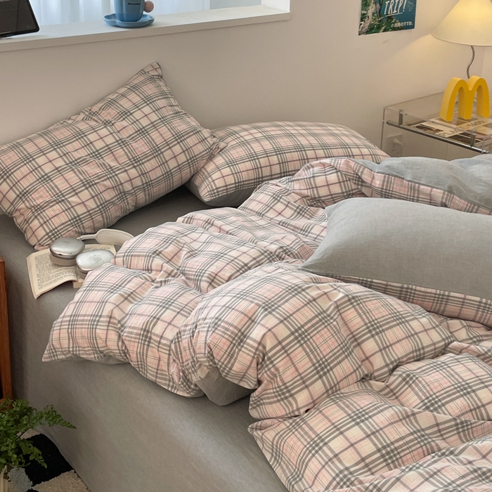 91家纺网 家纺一手货源 找家纺 ab家纺 2025新款40支色织a类全棉水洗棉四件套 觅果-粉