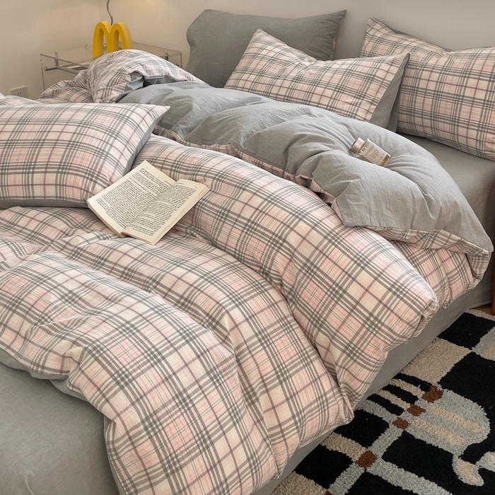 91家纺网 家纺一手货源 找家纺 ab家纺 2025新款40支色织a类全棉水洗棉四件套 觅果-粉