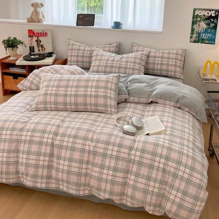 91家纺网 家纺一手货源 找家纺 ab家纺 2025新款40支色织a类全棉水洗棉四件套 觅果-粉