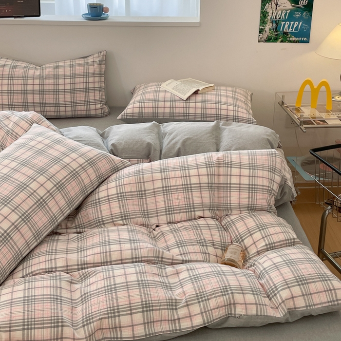 91家纺网 家纺一手货源 找家纺 ab家纺 2025新款40支色织a类全棉水洗棉四件套 觅果-粉