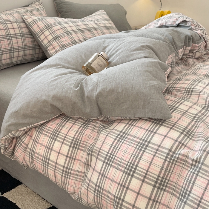 91家纺网 家纺一手货源 找家纺 ab家纺 2025新款40支色织a类全棉水洗棉四件套 觅果-粉