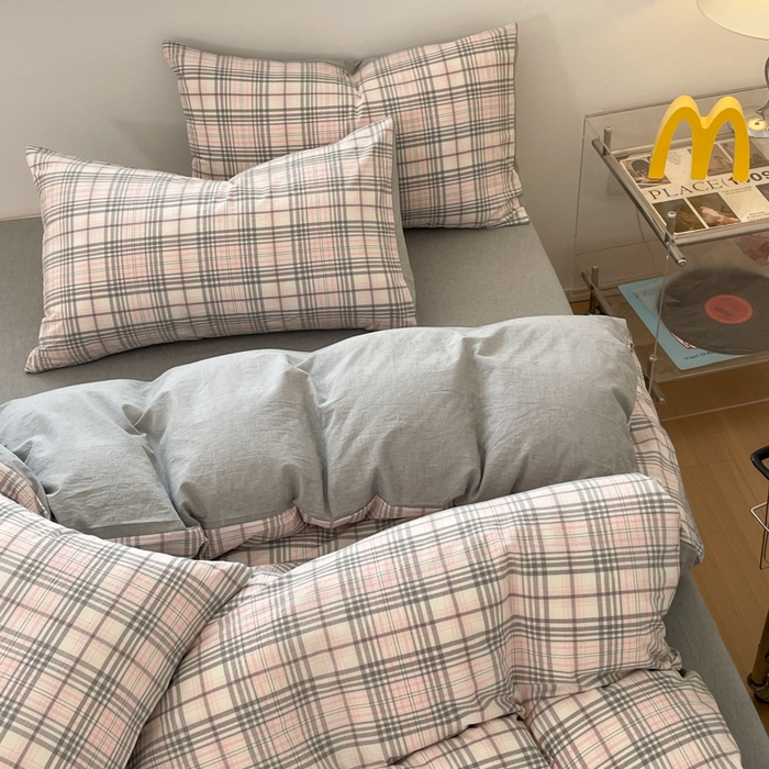 91家纺网 家纺一手货源 找家纺 ab家纺 2025新款40支色织a类全棉水洗棉四件套 觅果-粉