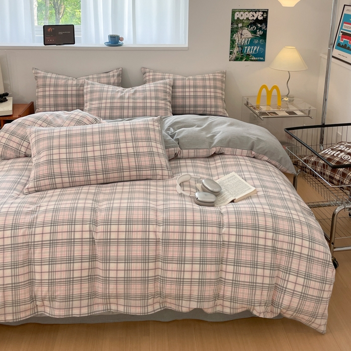 91家纺网 家纺一手货源 找家纺 ab家纺 2025新款40支色织a类全棉水洗棉四件套 觅果-粉