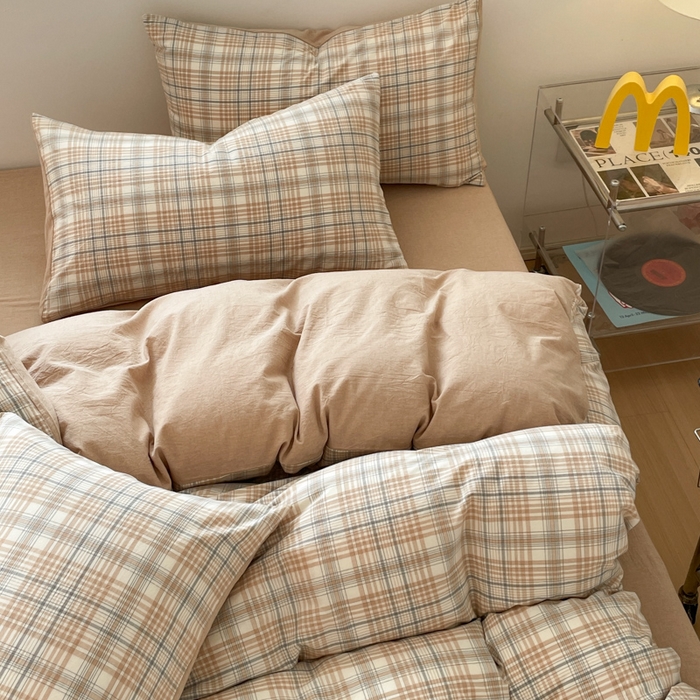 91家纺网 家纺一手货源 找家纺 ab家纺 2025新款40支色织a类全棉水洗棉四件套 觅果-卡其