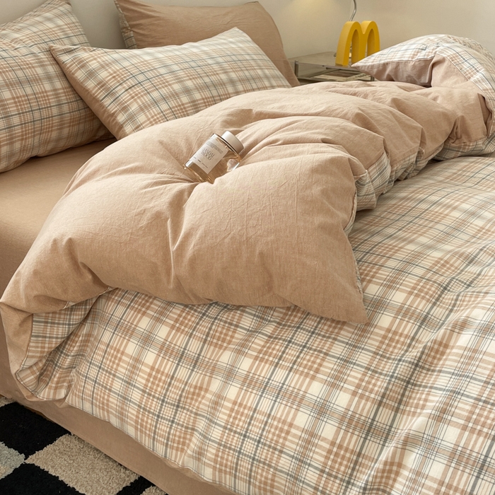 91家纺网 家纺一手货源 找家纺 ab家纺 2025新款40支色织a类全棉水洗棉四件套 觅果-卡其