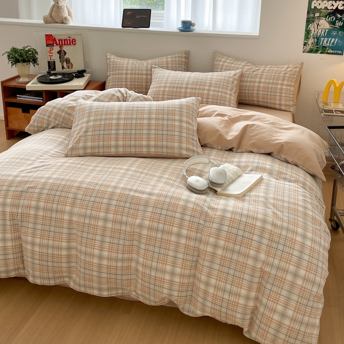 91家纺网 家纺一手货源 找家纺 ab家纺 2025新款40支色织a类全棉水洗棉四件套 觅果-卡其