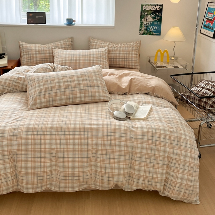 91家纺网 家纺一手货源 找家纺 ab家纺 2025新款40支色织a类全棉水洗棉四件套 觅果-卡其