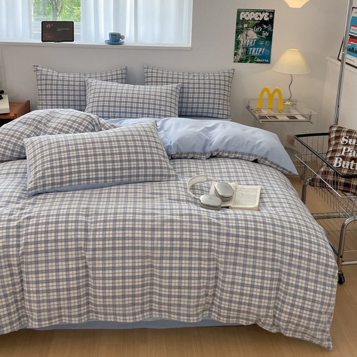 91家纺网 家纺一手货源 找家纺 ab家纺 2025新款40支色织a类全棉水洗棉四件套 芷安蓝