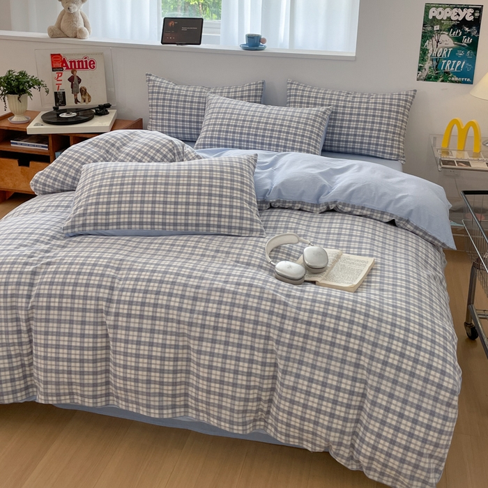 91家纺网 家纺一手货源 找家纺 ab家纺 2025新款40支色织a类全棉水洗棉四件套 芷安蓝