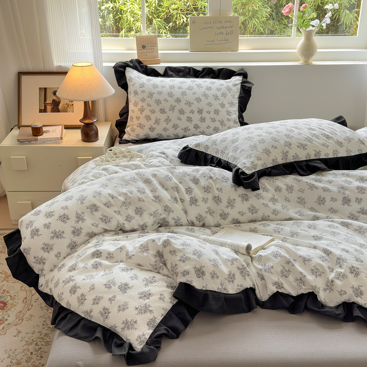 91家纺网 家纺一手货源 找家纺 （总）喜颜 2025新款云感提花皱皱棉爆款花边四件套-赫本风