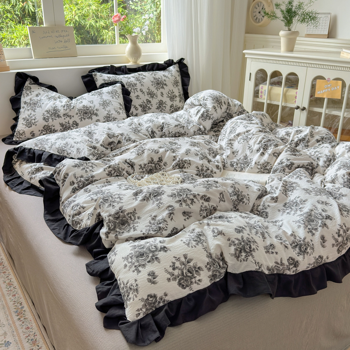 91家纺网 家纺一手货源 找家纺 喜颜 2025新款云感提花皱皱棉爆款花边四件套-赫本风 花束