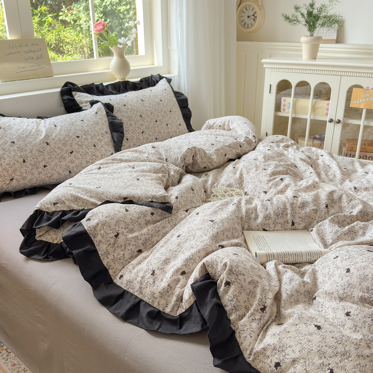 91家纺网 家纺一手货源 找家纺 喜颜 2025新款云感提花皱皱棉爆款花边四件套-赫本风 棉棉兔