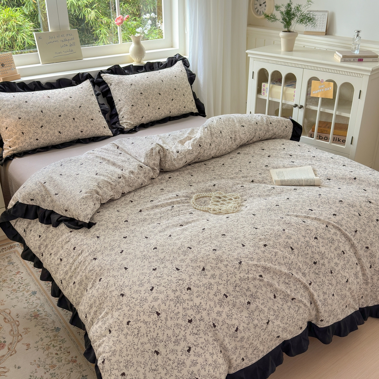 91家纺网 家纺一手货源 找家纺 喜颜 2025新款云感提花皱皱棉爆款花边四件套-赫本风 棉棉兔