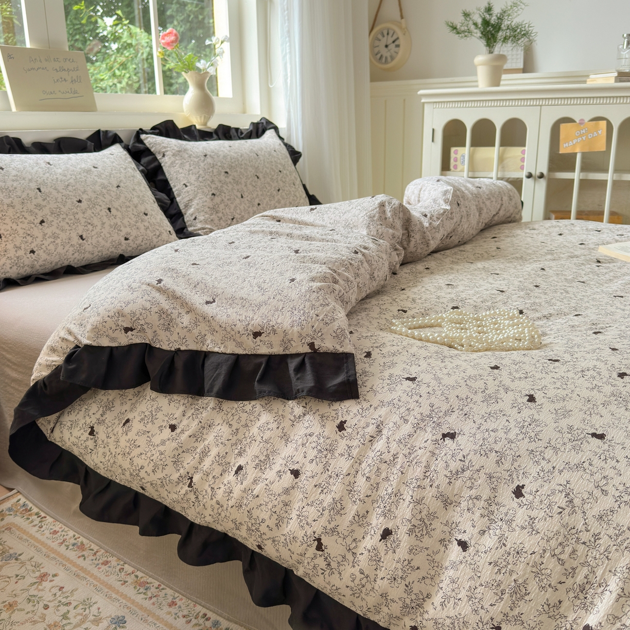 91家纺网 家纺一手货源 找家纺 喜颜 2025新款云感提花皱皱棉爆款花边四件套-赫本风 棉棉兔