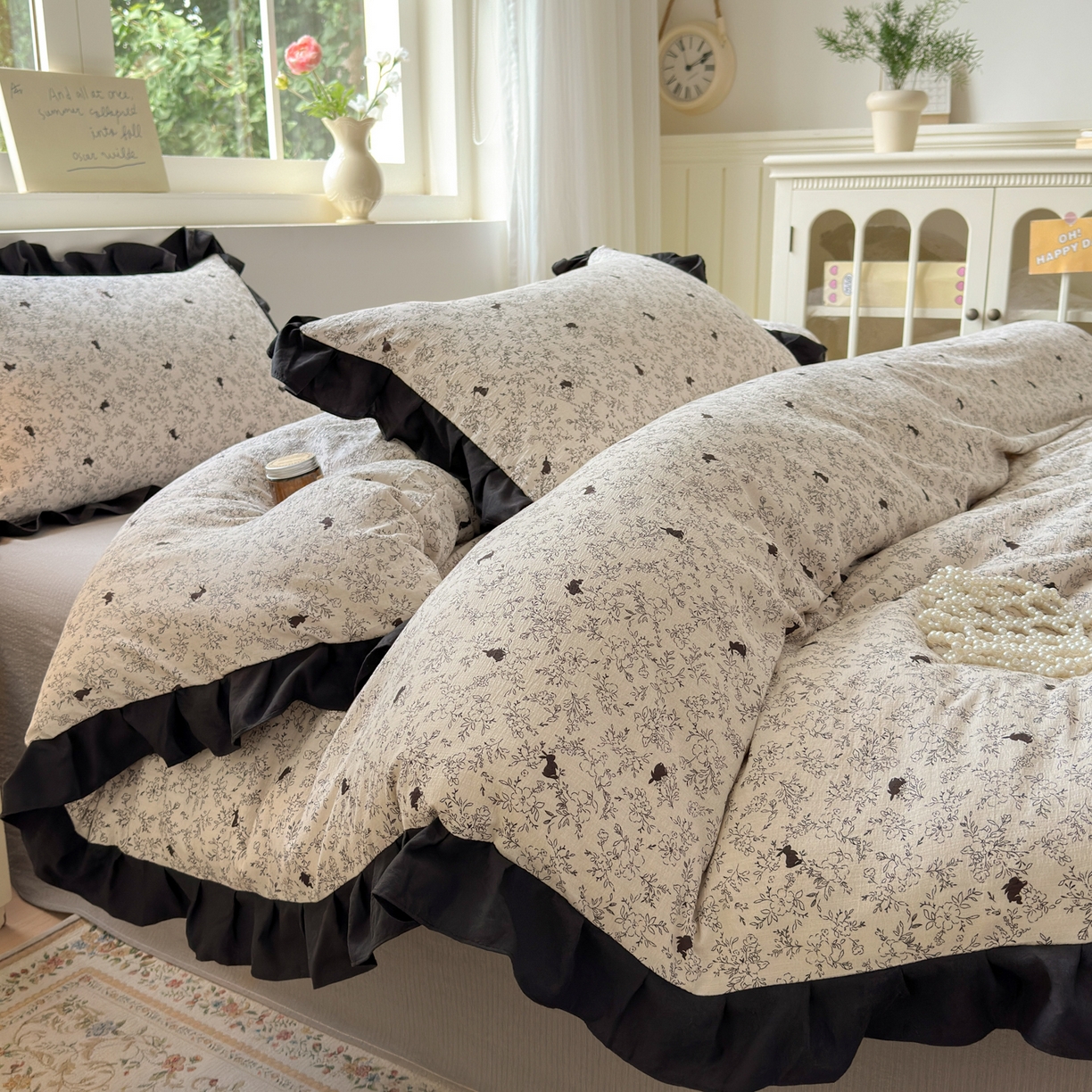 91家纺网 家纺一手货源 找家纺 喜颜 2025新款云感提花皱皱棉爆款花边四件套-赫本风 棉棉兔