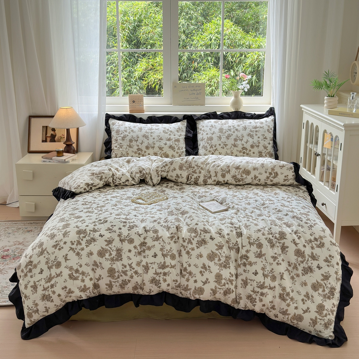 喜颜 2025新款云感提花皱皱棉爆款花边四件套-赫本风 陌上花开