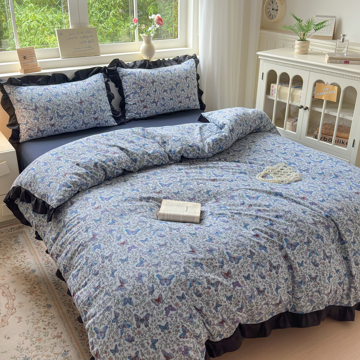 91家纺网 家纺一手货源 找家纺 喜颜 2025新款云感提花皱皱棉爆款花边四件套-赫本风 炫彩蝴蝶