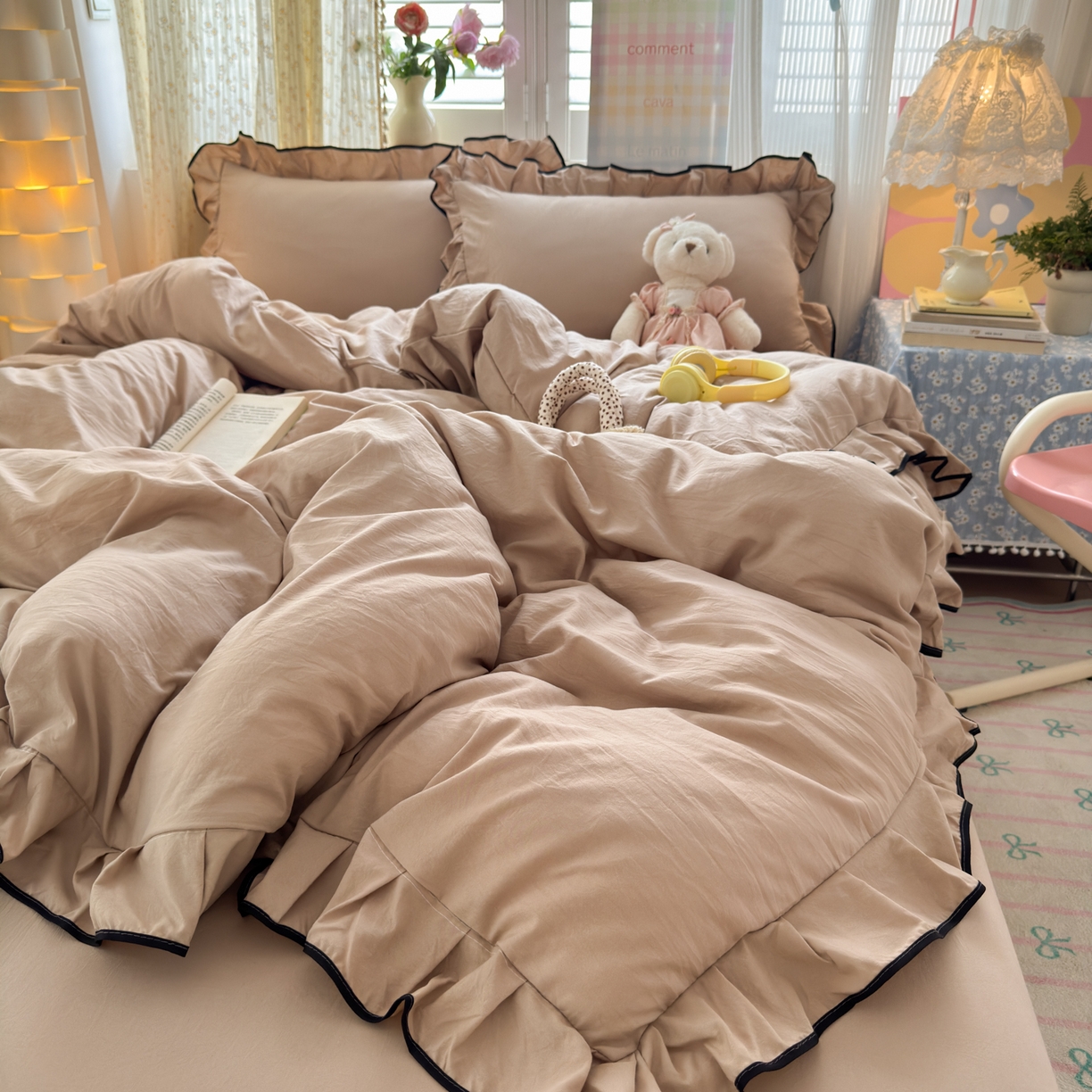 91家纺网 家纺一手货源 找家纺 （总）喜颜 2025新款爆款超柔水洗糯糯棉花边四件套学生宿舍单人三件套