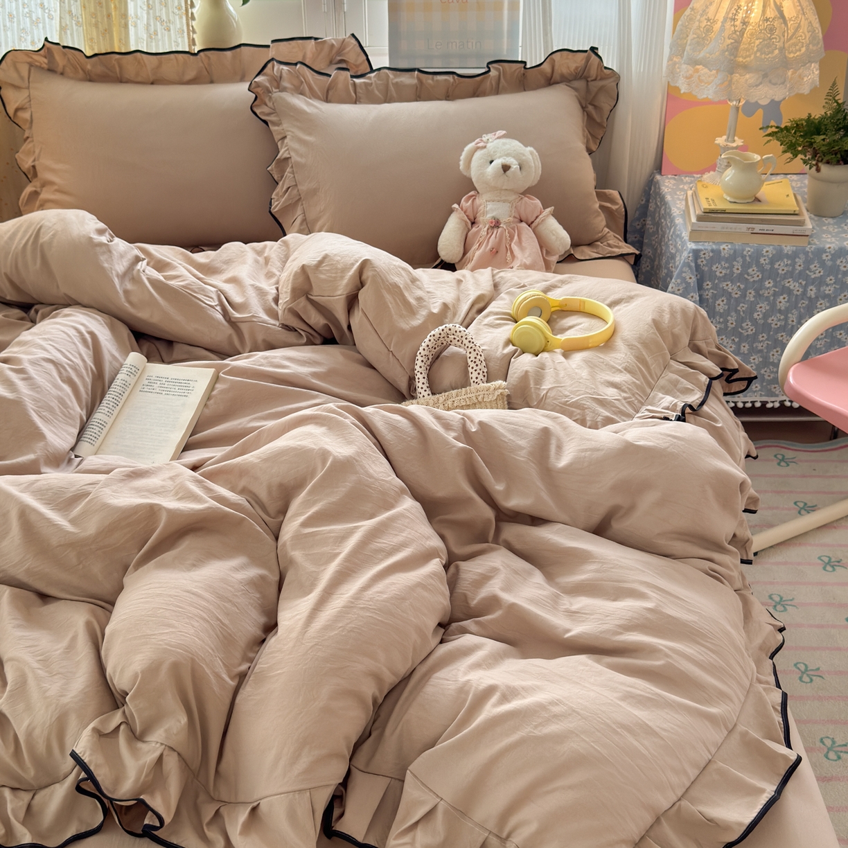 91家纺网 家纺一手货源 找家纺 （总）喜颜 2025新款爆款超柔水洗糯糯棉花边四件套学生宿舍单人三件套