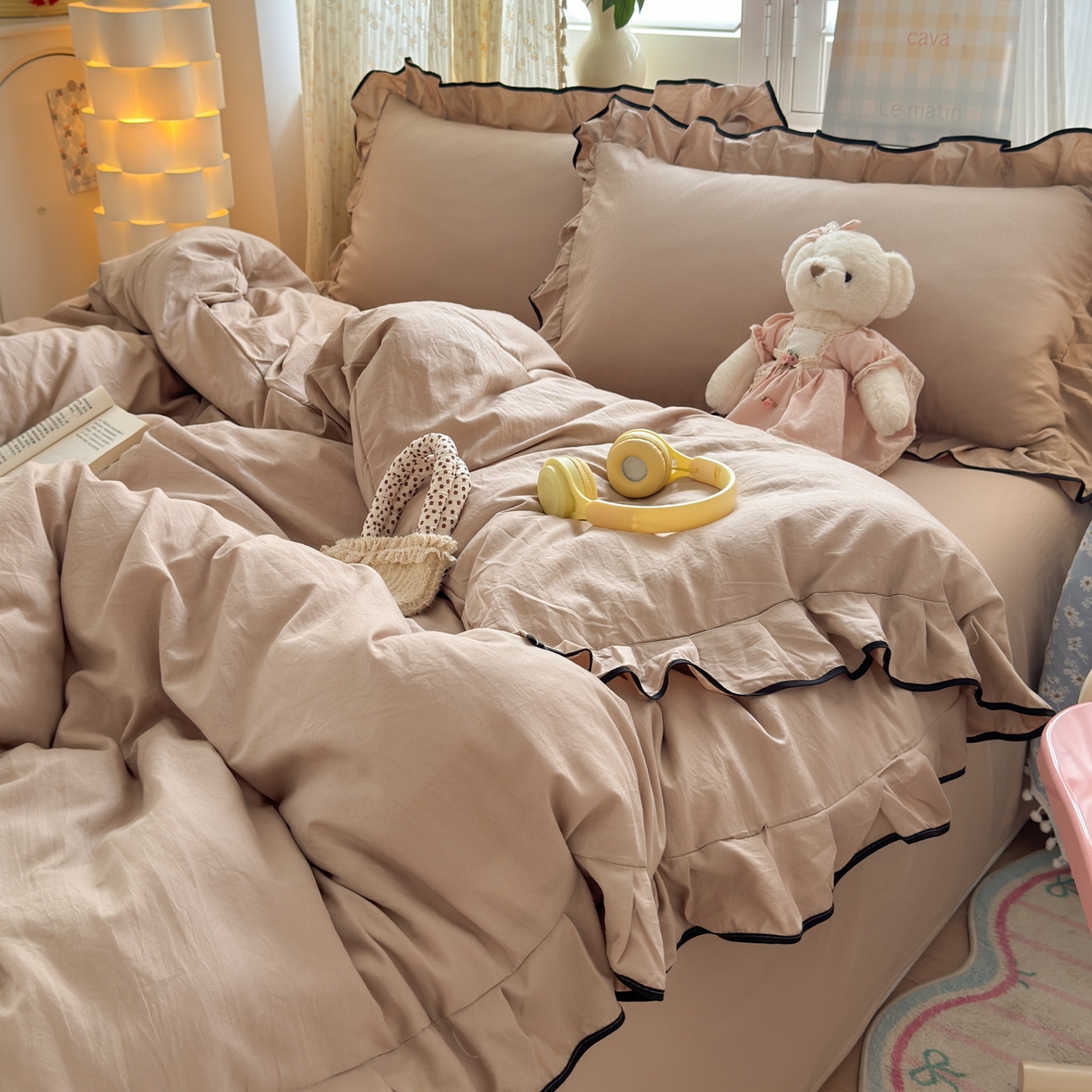 91家纺网 家纺一手货源 找家纺 （总）喜颜 2025新款爆款超柔水洗糯糯棉花边四件套学生宿舍单人三件套