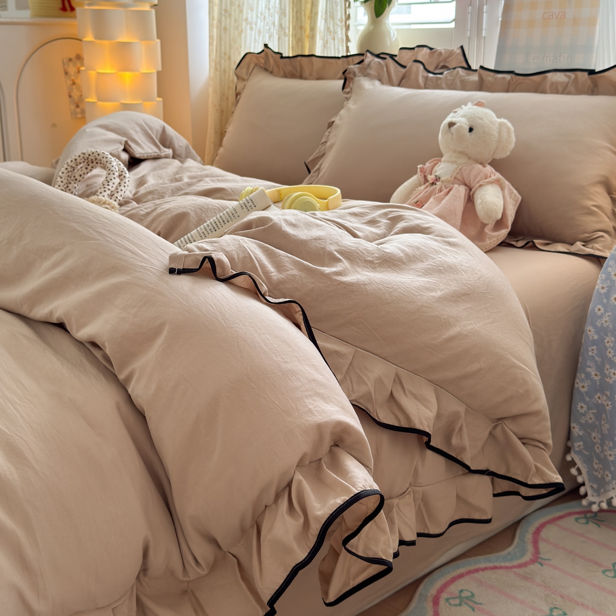 91家纺网 家纺一手货源 找家纺 （总）喜颜 2025新款爆款超柔水洗糯糯棉花边四件套学生宿舍单人三件套