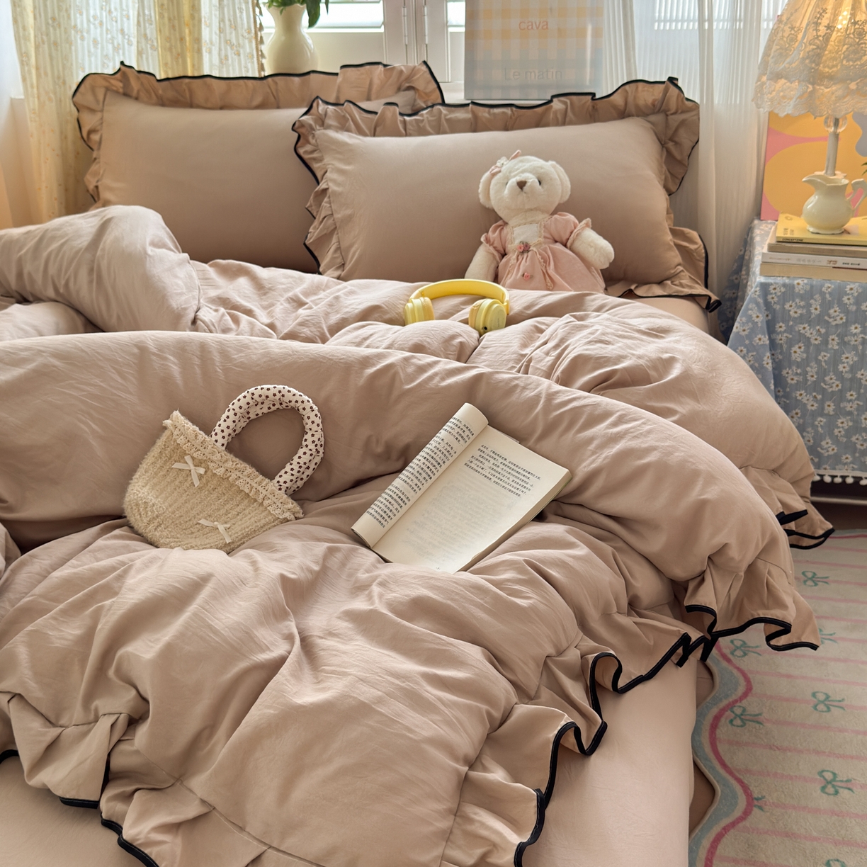 91家纺网 家纺一手货源 找家纺 （总）喜颜 2025新款爆款超柔水洗糯糯棉花边四件套学生宿舍单人三件套