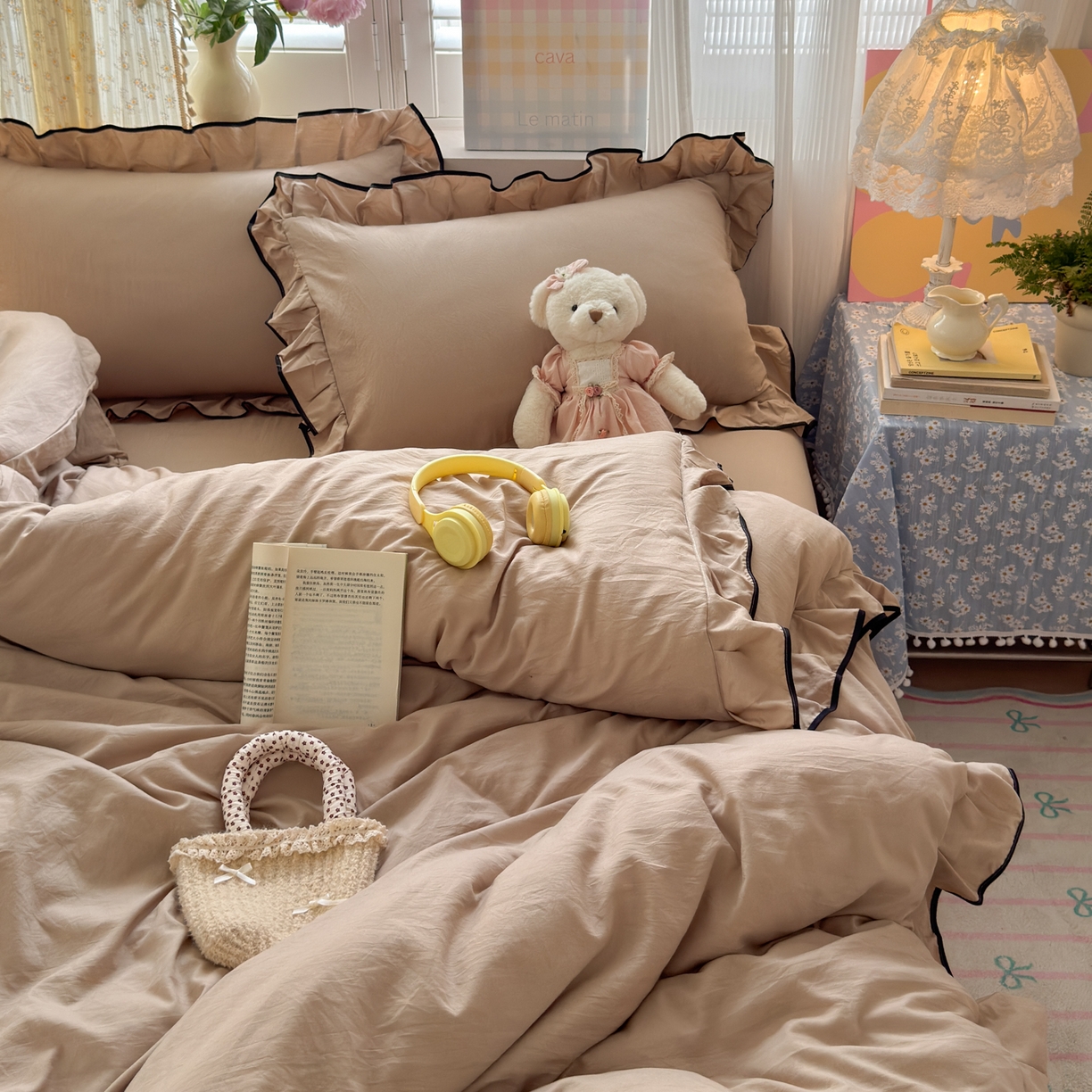 91家纺网 家纺一手货源 找家纺 （总）喜颜 2025新款爆款超柔水洗糯糯棉花边四件套学生宿舍单人三件套