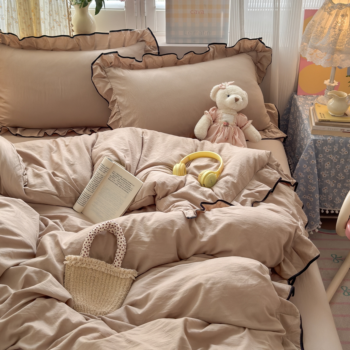 91家纺网 家纺一手货源 找家纺 （总）喜颜 2025新款爆款超柔水洗糯糯棉花边四件套学生宿舍单人三件套