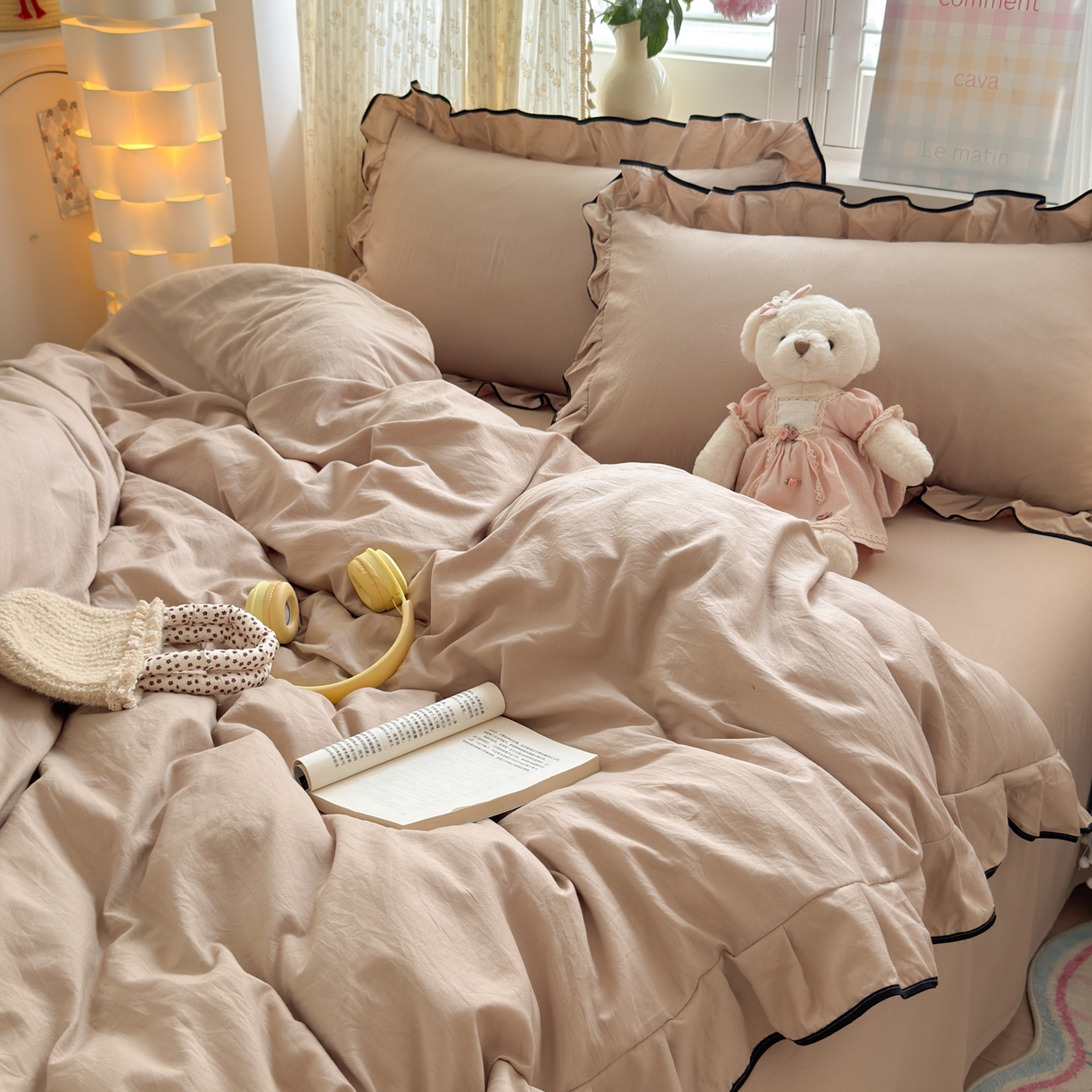 91家纺网 家纺一手货源 找家纺 （总）喜颜 2025新款爆款超柔水洗糯糯棉花边四件套学生宿舍单人三件套