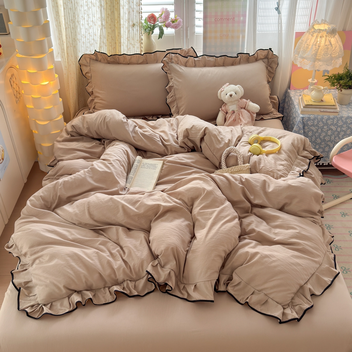 91家纺网 家纺一手货源 找家纺 （总）喜颜 2025新款爆款超柔水洗糯糯棉花边四件套学生宿舍单人三件套