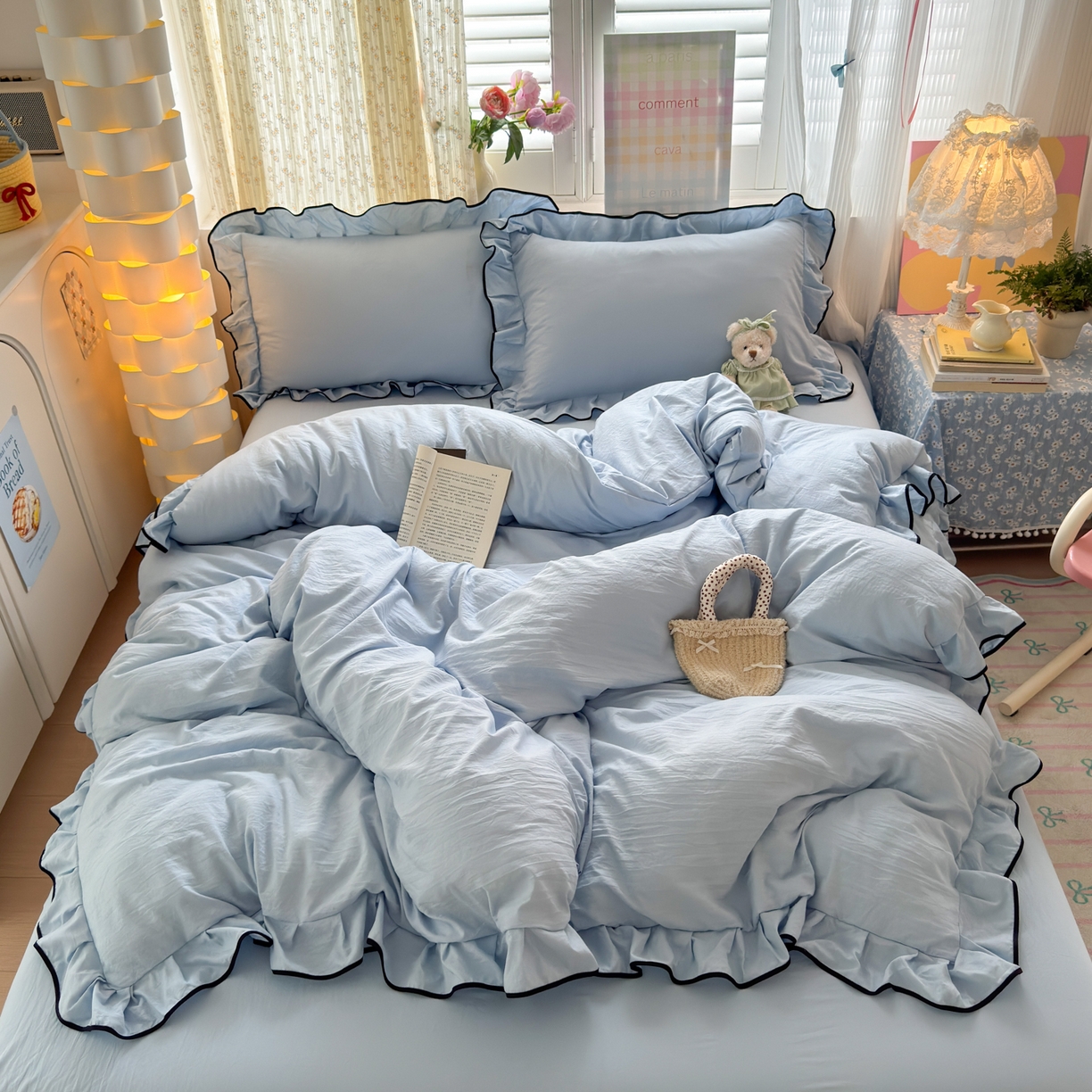 91家纺网 家纺一手货源 找家纺 （总）喜颜 2025新款爆款超柔水洗糯糯棉花边四件套学生宿舍单人三件套