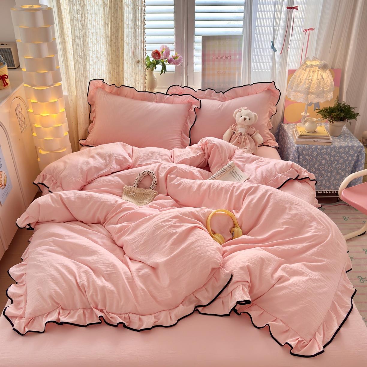 91家纺网 家纺一手货源 找家纺 （总）喜颜 2025新款爆款超柔水洗糯糯棉花边四件套学生宿舍单人三件套