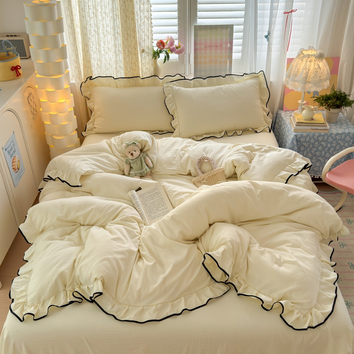 91家纺网 家纺一手货源 找家纺 （总）喜颜 2025新款爆款超柔水洗糯糯棉花边四件套学生宿舍单人三件套