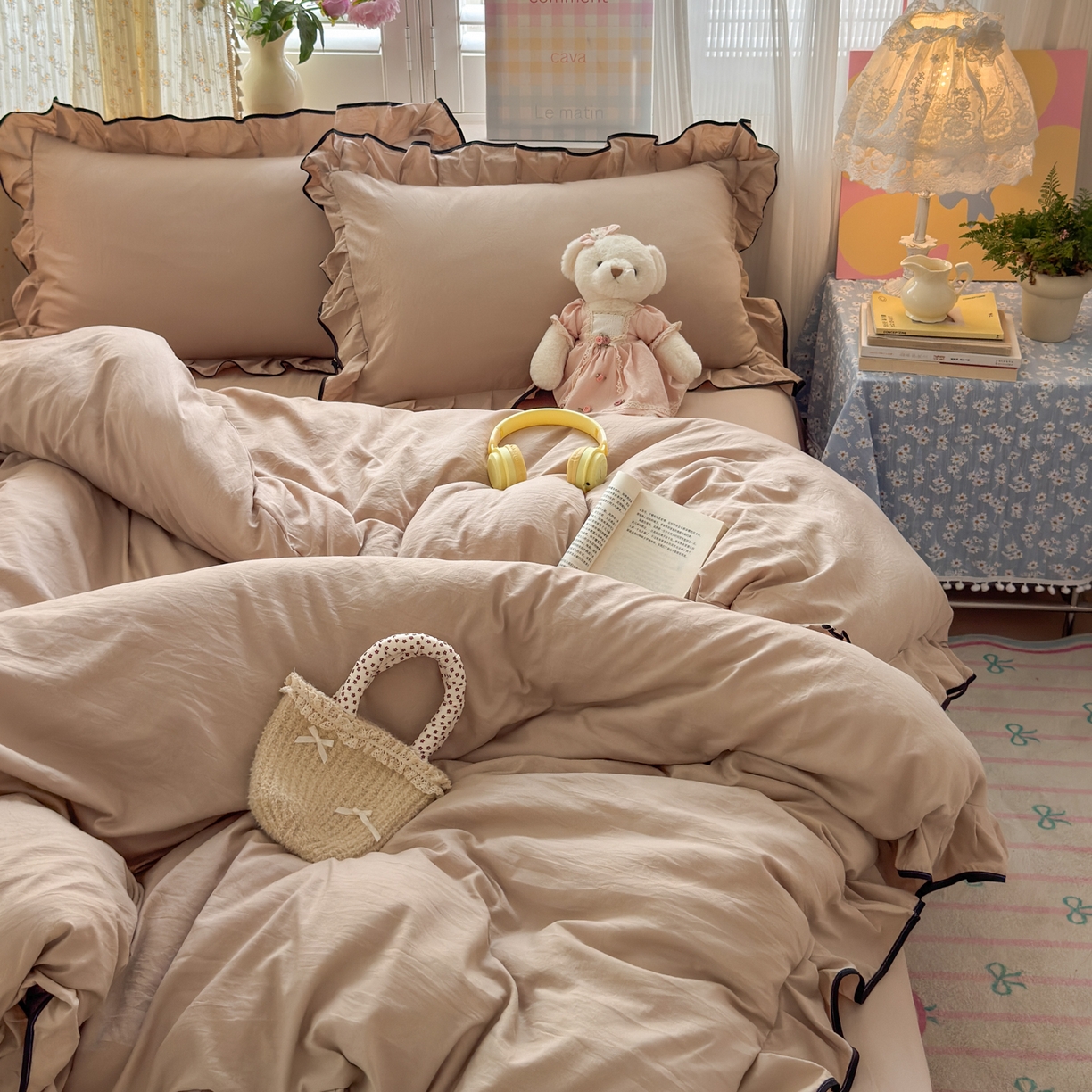 91家纺网 家纺一手货源 找家纺 喜颜 2025新款爆款超柔水洗糯糯棉花边四件套学生宿舍单人三件套 奶茶-花边款